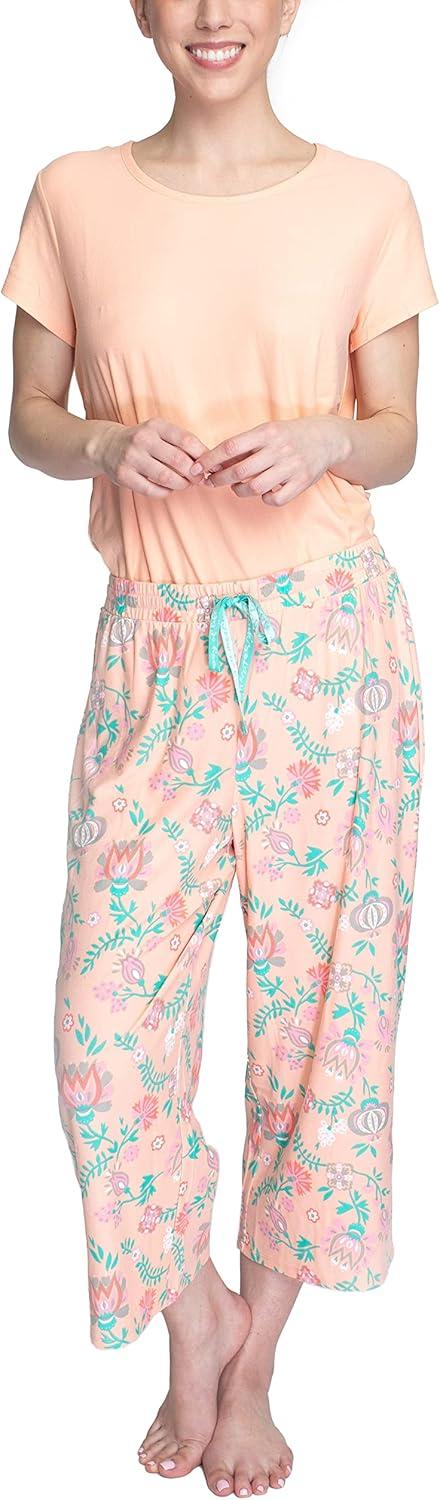 imageMUK LUKS Womens Feel Good Happy Cloud Knit Pajamas Short Sleeve 22 Capri Pant Matching Sleep SetPeachFloral