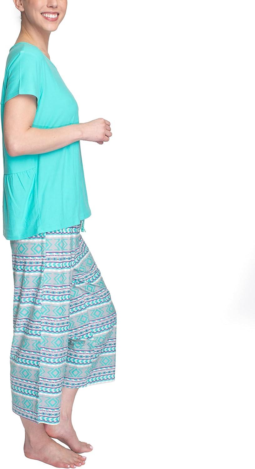 imageMUK LUKS Womens Feel Good Happy Cloud Knit Pajamas Short Sleeve 22 Capri Pant Matching Sleep SetTealBreezy Fairisle