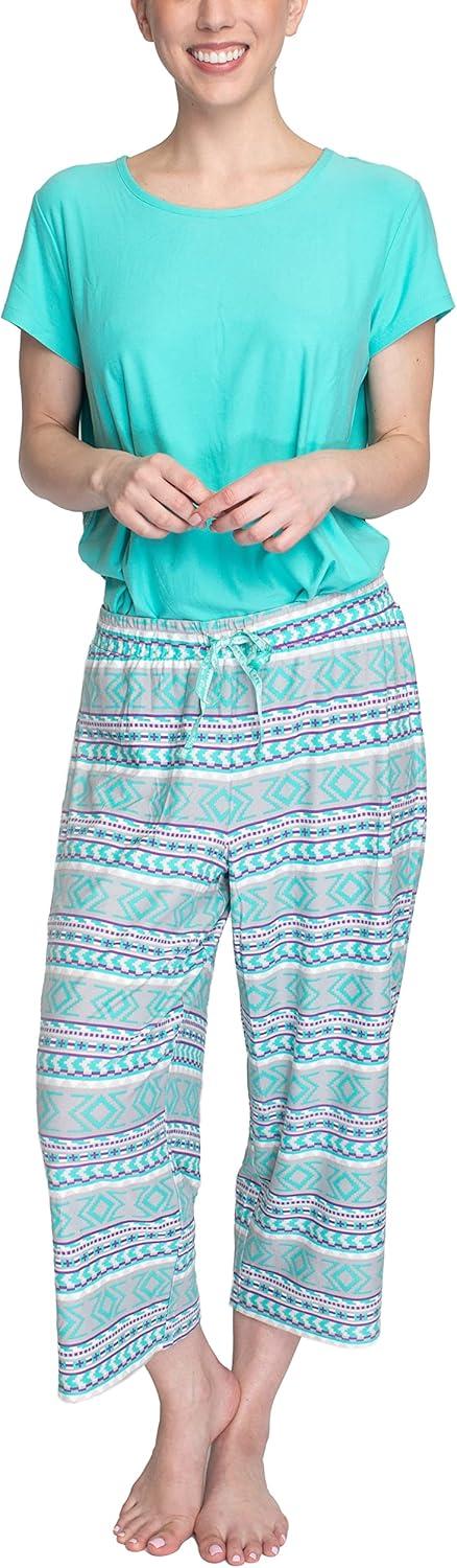 imageMUK LUKS Womens Feel Good Happy Cloud Knit Pajamas Short Sleeve 22 Capri Pant Matching Sleep SetTealBreezy Fairisle