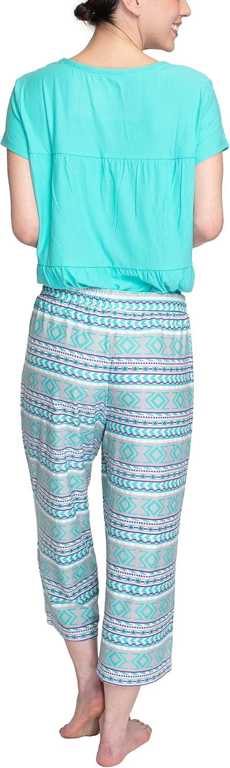 imageMUK LUKS Womens Feel Good Happy Cloud Knit Pajamas Short Sleeve 22 Capri Pant Matching Sleep SetTealBreezy Fairisle