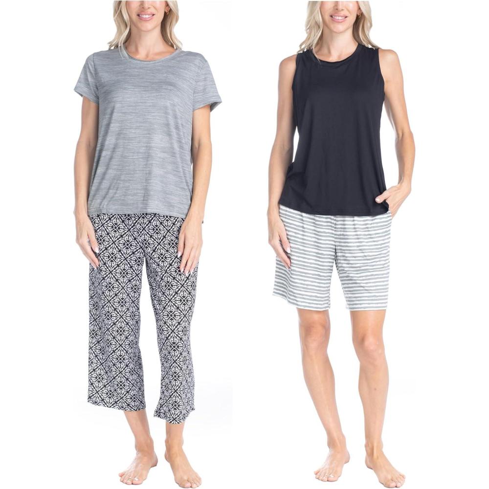 imageMUK LUKS 2 Pack Womens Pajama Set  Shorts Capris Tank Top and TShirt Loungewear Pajamas All Mixed up Conjunto PijamaBlack Grey