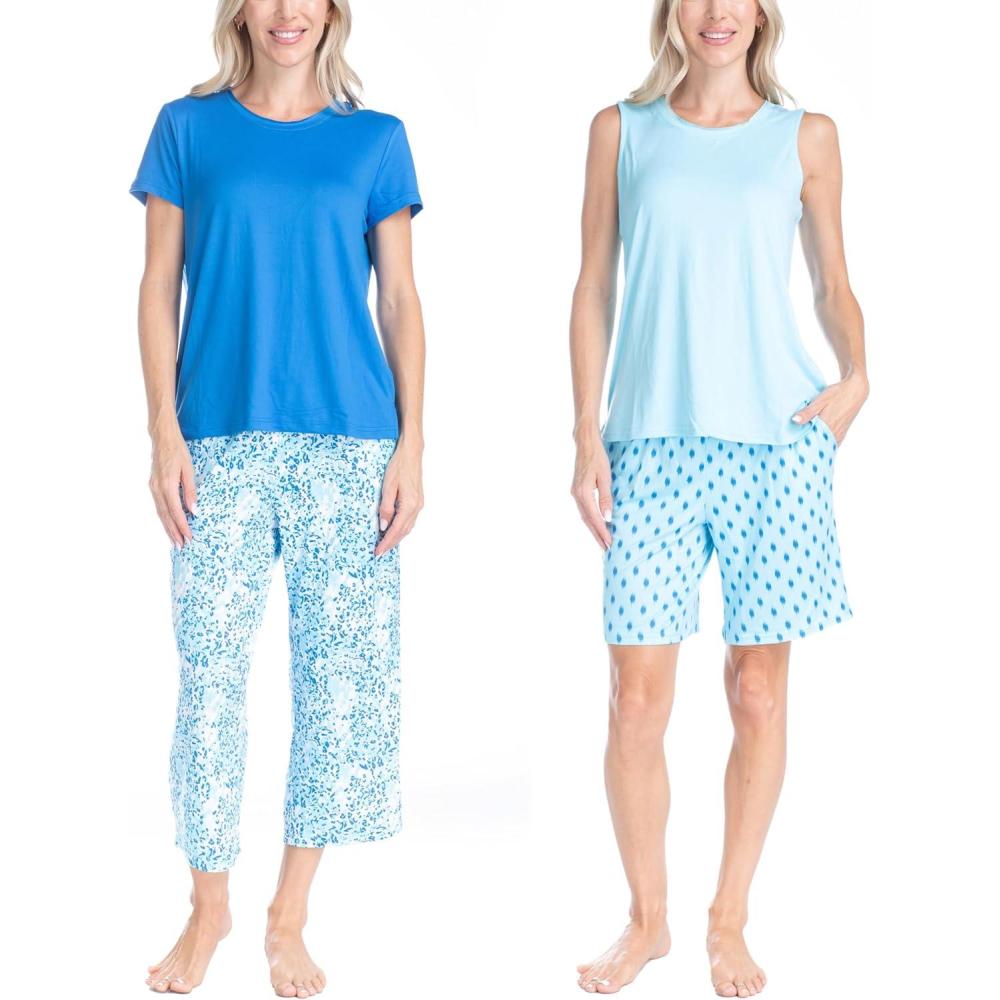 imageMUK LUKS 2 Pack Womens Pajama Set  Shorts Capris Tank Top and TShirt Loungewear Pajamas All Mixed up Conjunto PijamaBlue Leopard