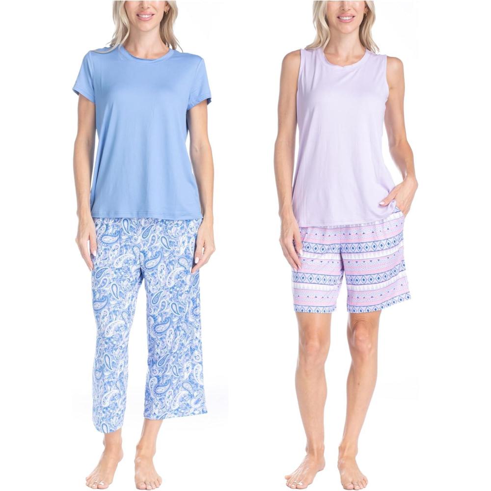 imageMUK LUKS 2 Pack Womens Pajama Set  Shorts Capris Tank Top and TShirt Loungewear Pajamas All Mixed up Conjunto PijamaPurple Paisley