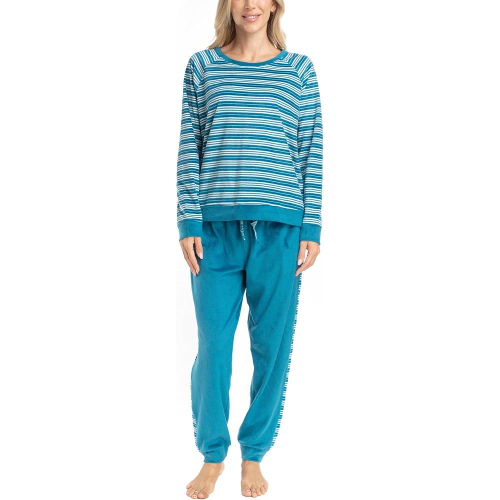 imageMUK LUKS Likely to Lounge Womens 2Piece Pajama Set Minky Fleece Long Sleeve and Jogger Pjs Pijamas de MujerTealStripe