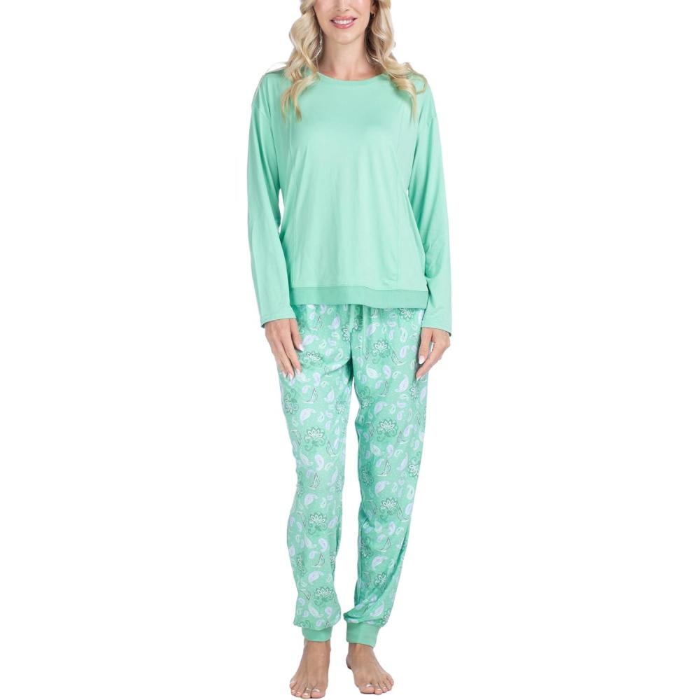 imageMUK LUKS Lounge Loyalist Sweatshirt and Jogger Pajamas Set Womens Pjs Winter WarmGreen Paisley