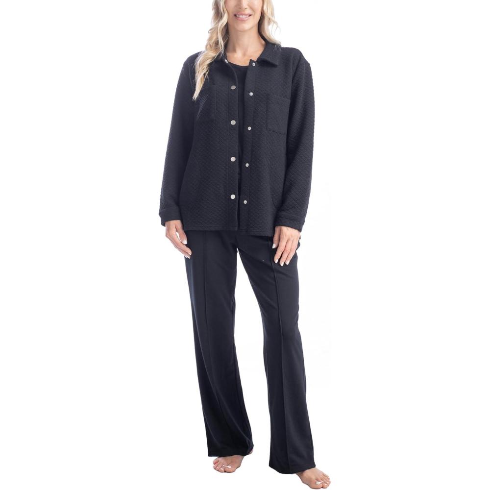 imageMUK LUKS Quilted Shacket 3 Piece Lounge Set Long Sleeve TShirt Pajama Pants with Pockets Matching JacketBlack