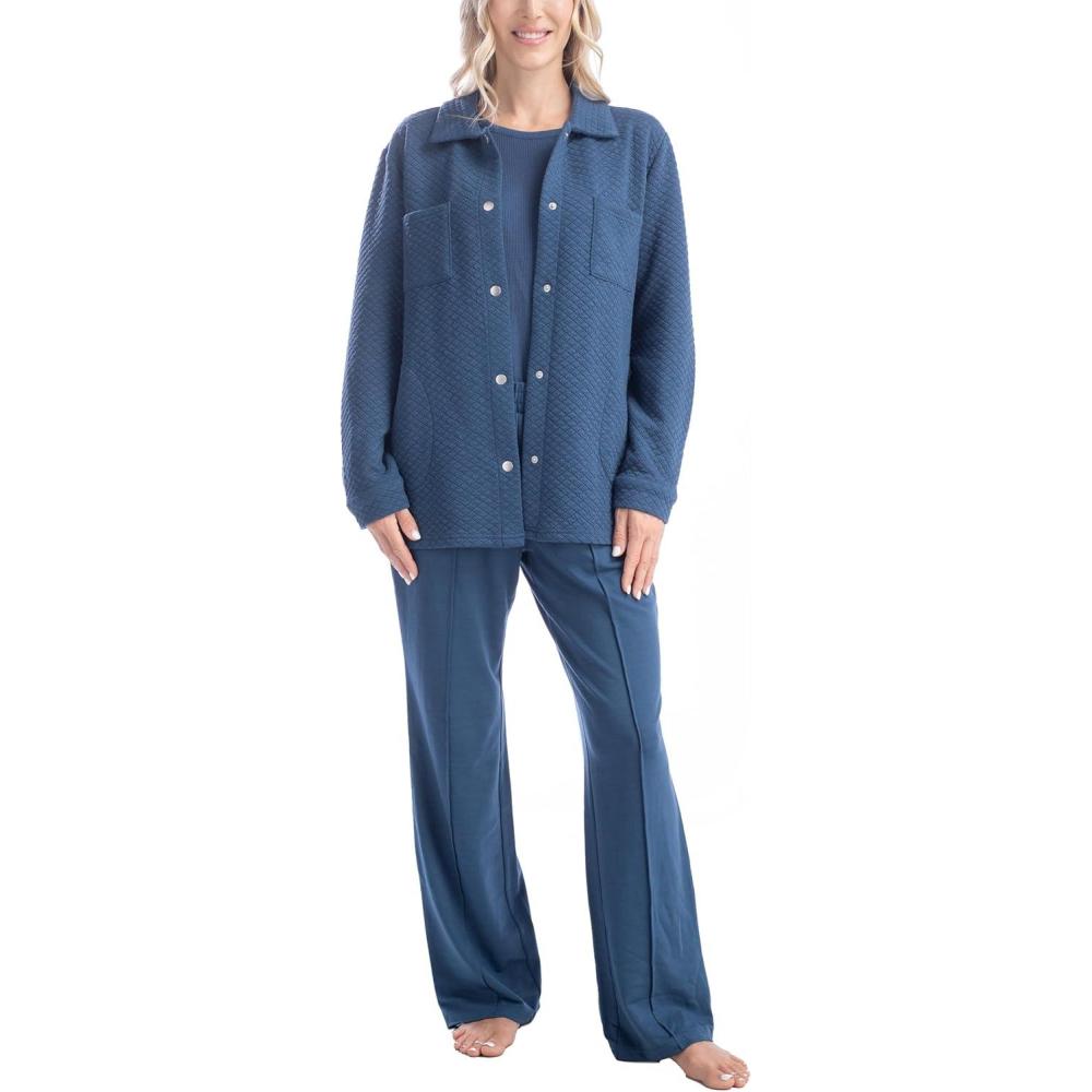 imageMUK LUKS Quilted Shacket 3 Piece Lounge Set Long Sleeve TShirt Pajama Pants with Pockets Matching JacketDenim Blue