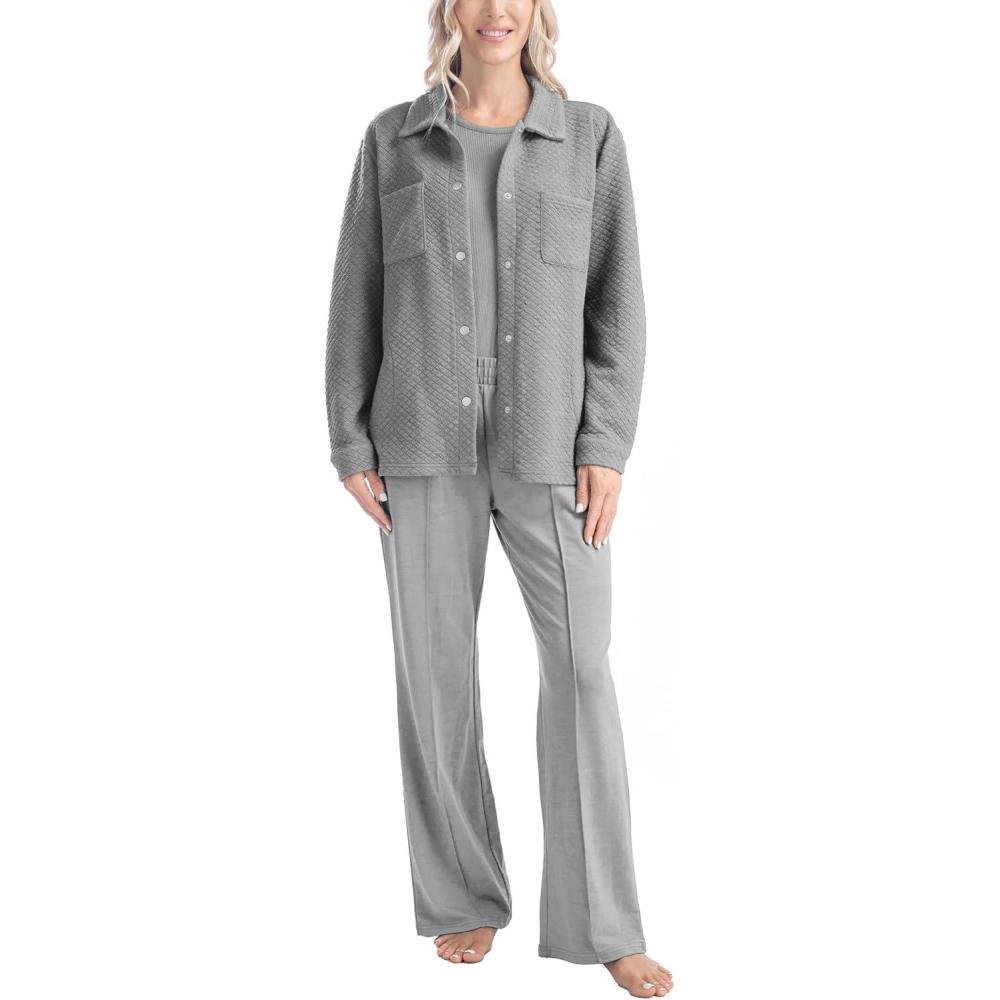imageMUK LUKS Quilted Shacket 3 Piece Lounge Set Long Sleeve TShirt Pajama Pants with Pockets Matching JacketHeather Gray