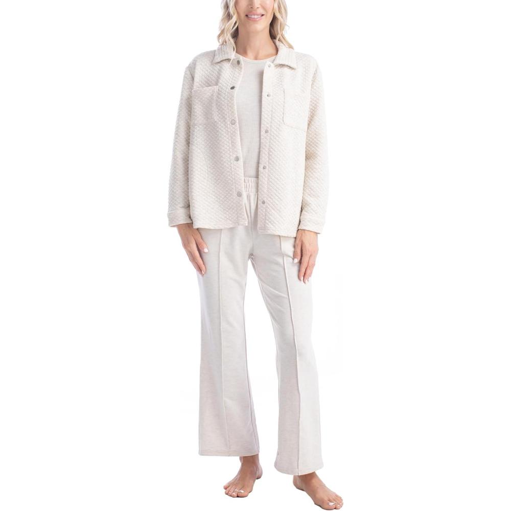 imageMUK LUKS Quilted Shacket 3 Piece Lounge Set Long Sleeve TShirt Pajama Pants with Pockets Matching JacketHeather Oatmeal