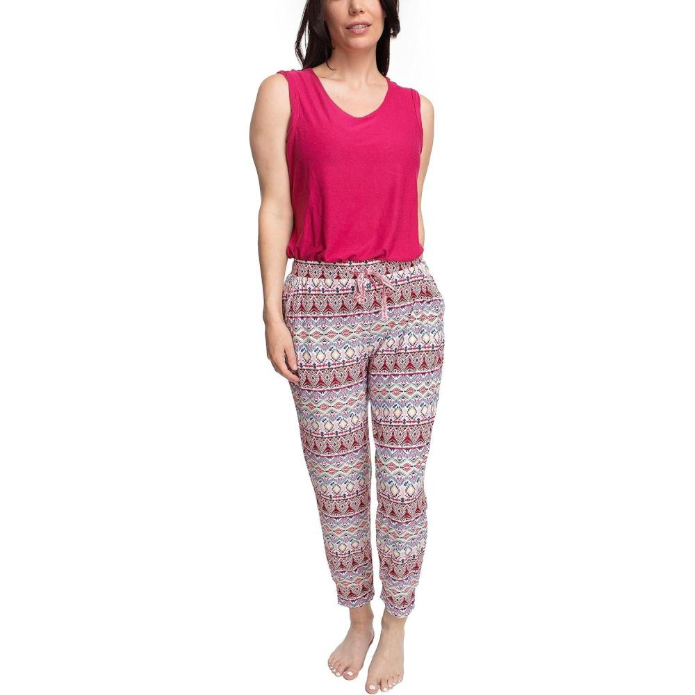 imageMUK LUKS Sleeveless Tank Top and Jogger Sleep Set with Pockets Soft Matching Sleepwear Lounge PJs Conjunto de PijamaRaspberryIkat