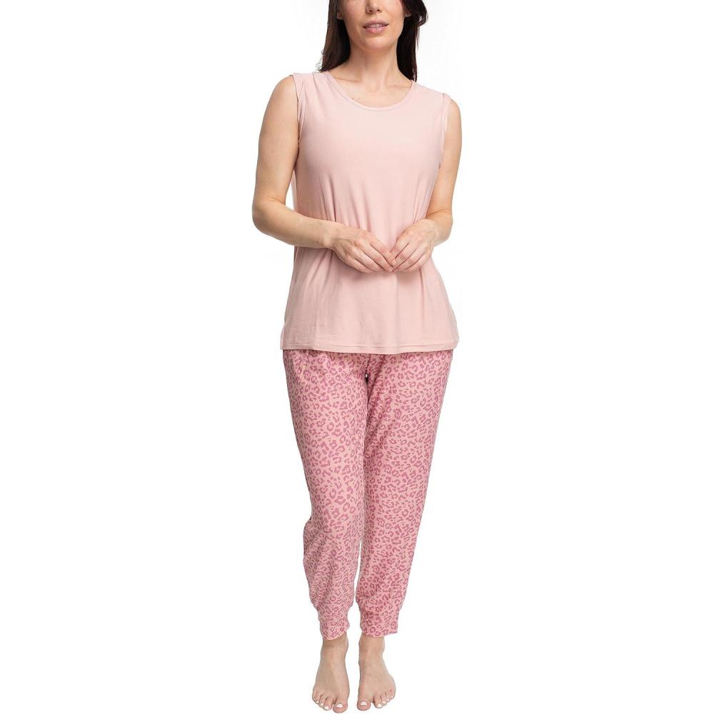 imageMUK LUKS Sleeveless Tank Top and Jogger Sleep Set with Pockets Soft Matching Sleepwear Lounge PJs Conjunto de PijamaRose CloudAnimal