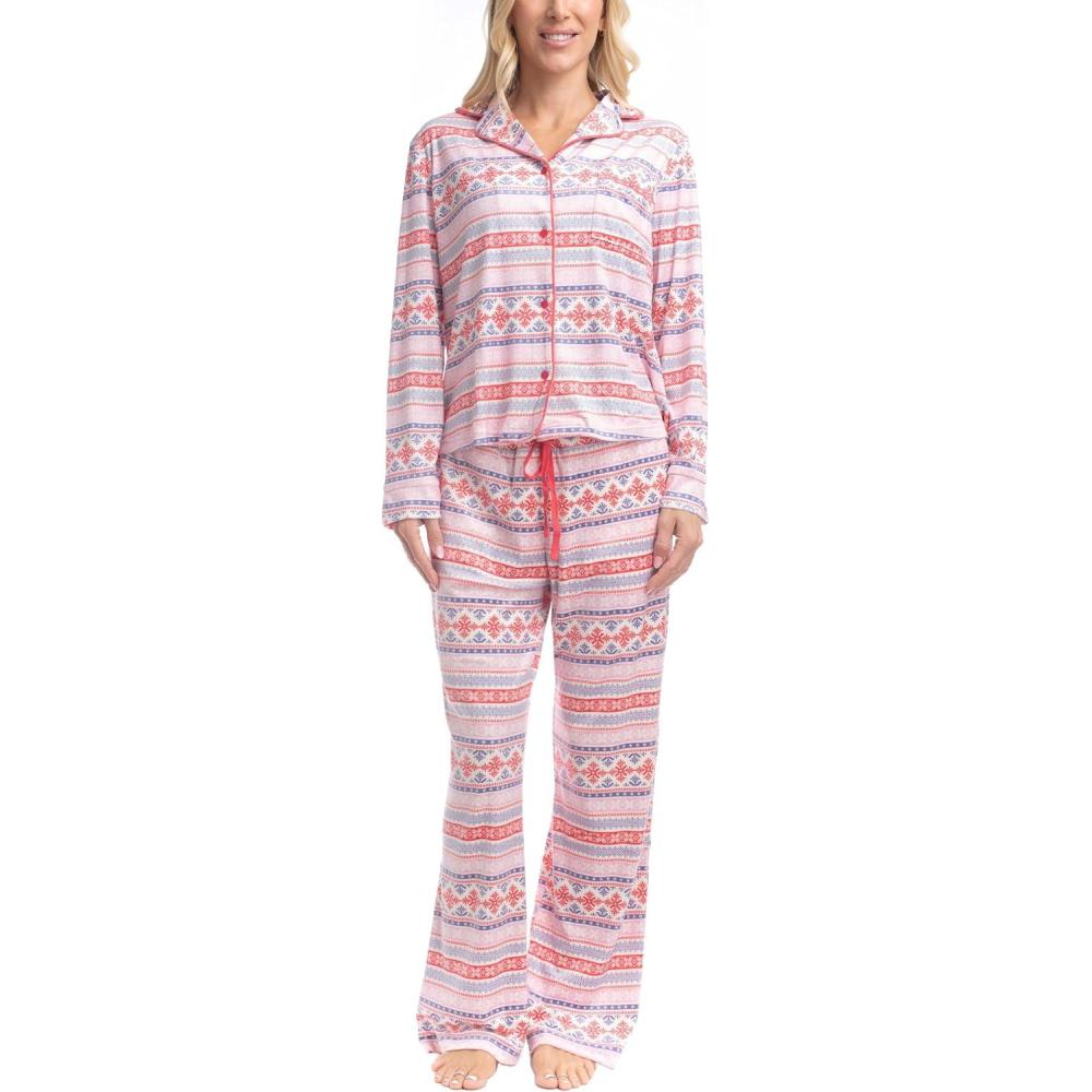 imageMUK LUKS Womens 2 Piece Pajama Set  Silky Veluor Button Down Top and Pajama Pants Lovely Gems Pijamas de MujerColor Block Fairisle