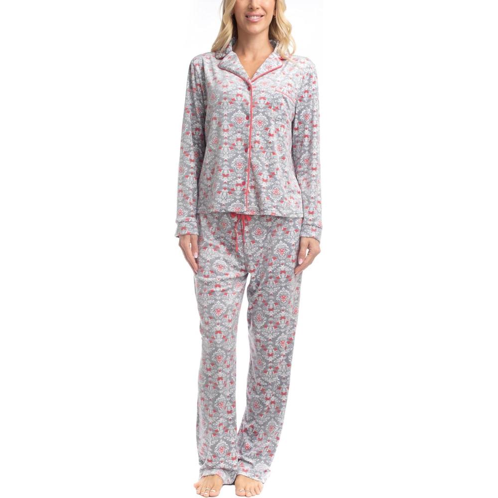 imageMUK LUKS Womens 2 Piece Pajama Set  Silky Veluor Button Down Top and Pajama Pants Lovely Gems Pijamas de MujerDainty Damask Coral