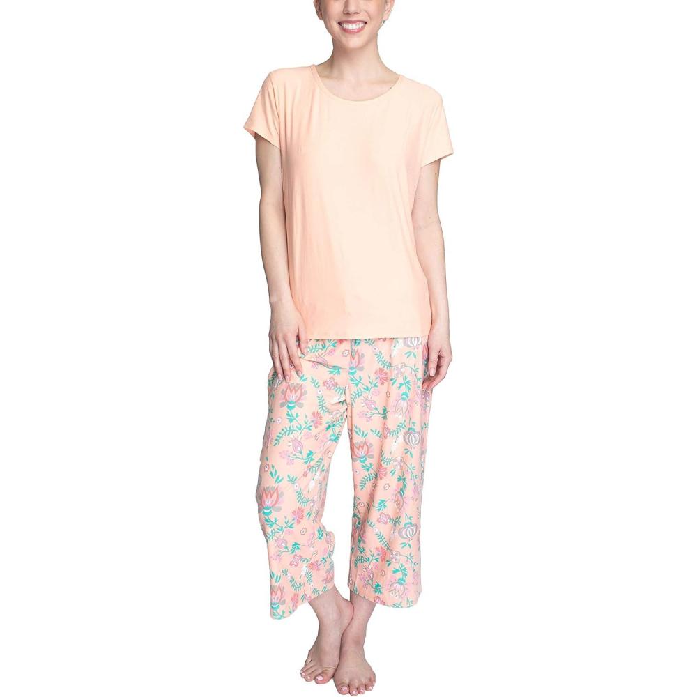 imageMUK LUKS Womens Feel Good Happy Cloud Knit Pajamas Short Sleeve 22 Capri Pant Matching Sleep SetPeachFloral