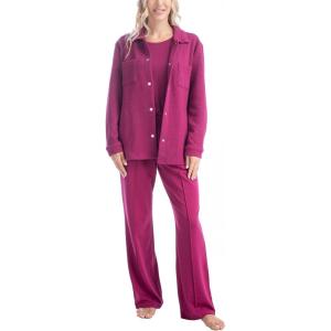 imageMUK LUKS Quilted Shacket 3 Piece Lounge Set Long Sleeve TShirt Pajama Pants with Pockets Matching JacketBerry Pink