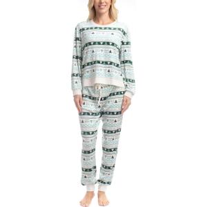 imageMUK LUKS Womens 2 Piece Pajama Set Long Sleeve Shirt and Joggers  Silky Velour Mountain Vibes  Pijamas de MujerCabinside Fairisle