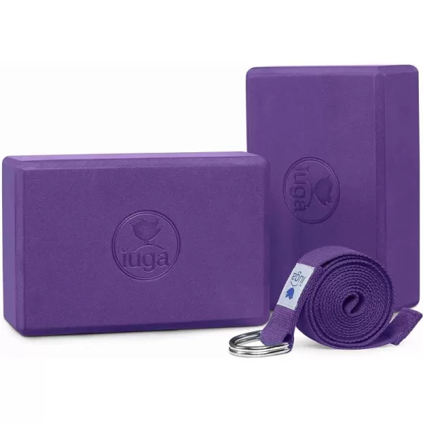 IUGA Yoga Block 2 Pack with Yoga Strap, High Density Yoga Blocks 9”x6”x3”to Improve Strength, Flexibility and Balance, Light Weight and Non-Slip Surface for Yoga, Pilates and Meditation