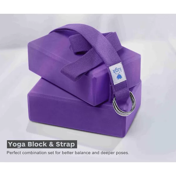 IUGA Yoga Block 2 Pack with Yoga Strap, High Density Yoga Blocks 9”x6”x3”to Improve Strength, Flexibility and Balance, Light Weight and Non-Slip Surface for Yoga, Pilates and Meditation