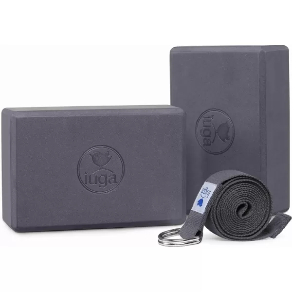 IUGA Yoga Blocks 2 Pack With Strap Non Slip High Density 9"x6"x3" Solid &amp; Cork Yoga Block With Yoga Strap to Improve Strength Balance for Yoga Pilates Meditation