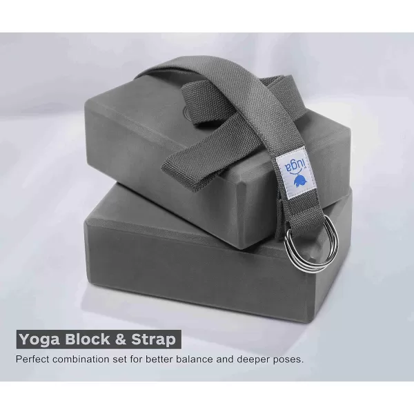 IUGA Yoga Blocks 2 Pack With Strap Non Slip High Density 9"x6"x3" Solid &amp; Cork Yoga Block With Yoga Strap to Improve Strength Balance for Yoga Pilates Meditation