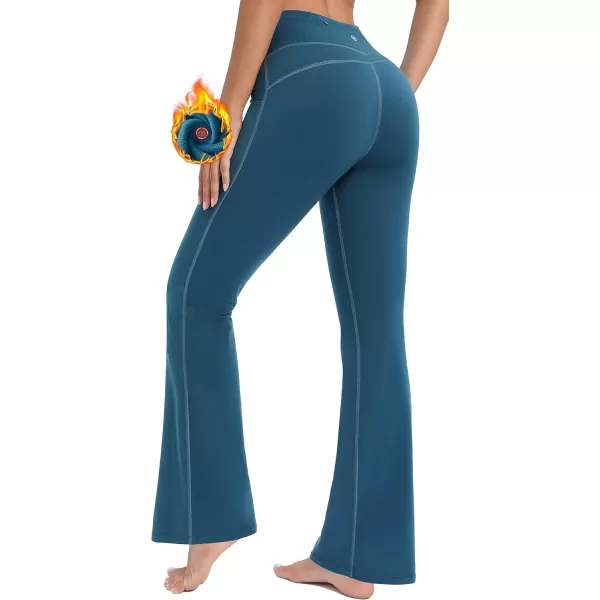 imageIUGA Fleece Lined Bootcut Yoga Pants with Pockets for Women Thermal Bootleg Pants Winter Workout Flare LeggingsPrussian Blue