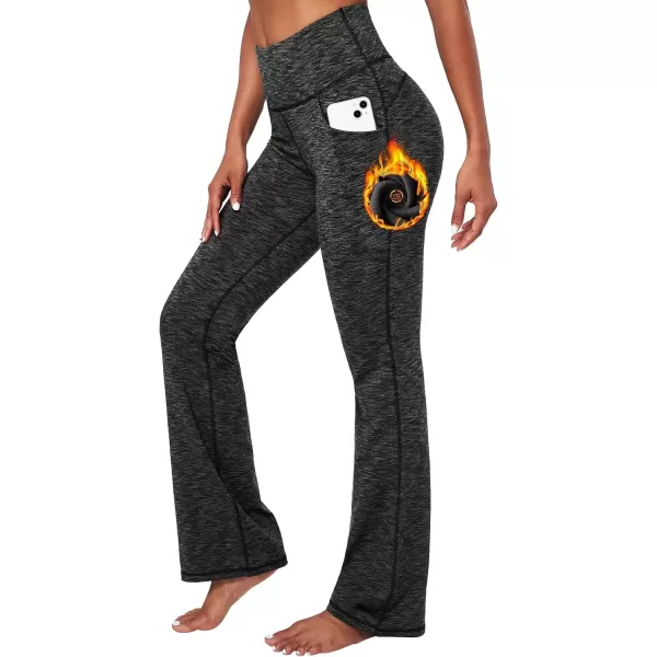 imageIUGA Fleece Lined Bootcut Yoga Pants with Pockets for Women Thermal Bootleg Pants Winter Workout Flare LeggingsSpacedye Mattblack