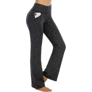imageIUGA Bootcut Yoga Pants with Pockets for Women Wide Leg Pants High Waist Workout Pants Tummy Control Work Pants 4 PocketsSpacedye Mattblack 30inseam