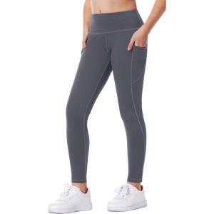 imageIUGA Girls Leggings with Pockets Dance Athletic Leggings for Girls Elastic Compression Kids Workout Leggings Running YogaGray