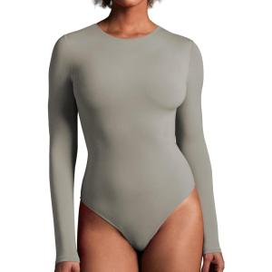 imageIUGA Long Sleeve Bodysuits for Women Crew Neck Body suit Womens Slimming Basic Tummy Control Bodysuit TopsElephant Gray