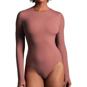 imageIUGA Long Sleeve Bodysuits for Women Crew Neck Body suit Womens Slimming Basic Tummy Control Bodysuit TopsMerlot