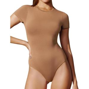 imageIUGA Long Sleeve Bodysuits for Women Crew Neck Body suit Womens Slimming Basic Tummy Control Bodysuit TopsShort Sleeve Latte