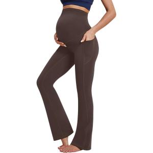 imageIUGA Fleece Lined Maternity Pants with Pockets Maternity Yoga Pants Flare Bootcut Pregnancy Pants Over The Belly Work LoungeCoffee