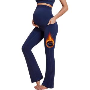 imageIUGA Fleece Lined Maternity Pants with Pockets Maternity Yoga Pants Flare Bootcut Pregnancy Pants Over The Belly Work LoungeNavy Blue