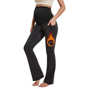 imageIUGA Fleece Lined Maternity Pants with Pockets Maternity Yoga Pants Flare Bootcut Pregnancy Pants Over The Belly Work LoungeSpacedye Mattblack