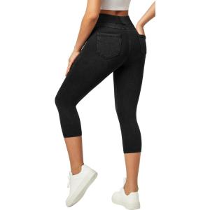 imageIUGA Jeggings for Women Pull On Capri Jeans Stretchy Jean Capris High Waisted Denim Capri Leggings Casual Pants with PocketsBlack