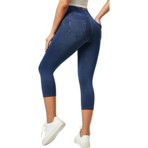 imageIUGA Jeggings for Women Pull On Capri Jeans Stretchy Jean Capris High Waisted Denim Capri Leggings Casual Pants with PocketsDark Blue