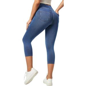 imageIUGA Jeggings for Women Pull On Capri Jeans Stretchy Jean Capris High Waisted Denim Capri Leggings Casual Pants with PocketsLight Blue