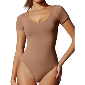imageIUGA Long Sleeve Body Suits for Womens Tummy Control Shapewear Bodysuits for Women V Neck BodysuitShort Sleeve Latte