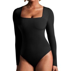 imageIUGA Long Sleeve Bodysuits for Women Square Neck Bodysuit Shapewear Bodysuit Tummy Control Slimming Body Suit for WomensBlack