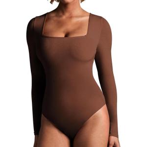 imageIUGA Long Sleeve Bodysuits for Women Square Neck Bodysuit Shapewear Bodysuit Tummy Control Slimming Body Suit for WomensBrownie