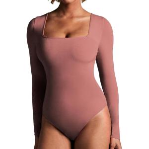 imageIUGA Long Sleeve Bodysuits for Women Square Neck Bodysuit Shapewear Bodysuit Tummy Control Slimming Body Suit for WomensMerlot