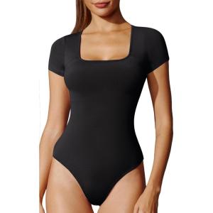 imageIUGA Long Sleeve Bodysuits for Women Square Neck Bodysuit Shapewear Bodysuit Tummy Control Slimming Body Suit for WomensShort Sleeve Black