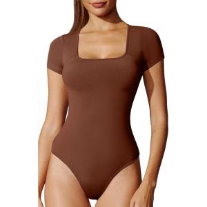 imageIUGA Long Sleeve Bodysuits for Women Square Neck Bodysuit Shapewear Bodysuit Tummy Control Slimming Body Suit for WomensShort Sleeve Brownie