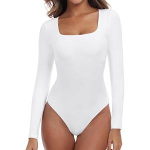 imageIUGA Long Sleeve Bodysuits for Women Square Neck Bodysuit Shapewear Bodysuit Tummy Control Slimming Body Suit for WomensWhite
