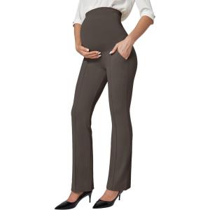 imageIUGA Soft Maternity Pants Over The Belly with Pockets Stretchy Maternity Clothes for Work Pregnancy Flare Maternity LeggingsCoffee