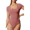 imageIUGA Bodysuits for Women Tummy Control Short Sleeve Square Neck Bodysuit Womens Slimming Basic Body Suit TopsMerlot