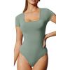 imageIUGA Bodysuits for Women Tummy Control Short Sleeve Square Neck Bodysuit Womens Slimming Basic Body Suit TopsSage