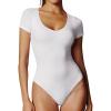 imageIUGA Bodysuits for Women Tummy Control Short Sleeve V Neck Body Suits for Womens Compression Slimming Thong BodysuitWhite