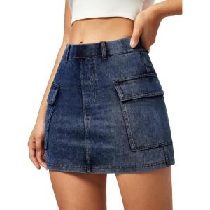 imageCargo Skirt Denim Jean Skirt for Women High Stretchy Mini y2k Skirt with PocketsWash Blue