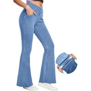 imageIUGA Bell Bottom Jeans for Women High Waisted Stretchy Flare Jeans Pull On Wide Leg Jeans V Cross Tummy Control Flare PantsBaby Blue